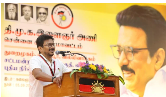 "Udhayanidhi Stalin addressing a public rally in Tamil Nadu"